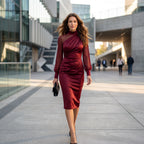 Women Mock Neck Mesh Long Sleeve Midi Dress Asymmetric Ruched Waist Slim Bodycon Elegant Wedding