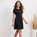 Elastic Waist Short Sleeve Dress Knitted Round Neck Short Sleeve Dress
