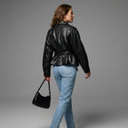 HH Women Fashion Black Short Faux Leather Trench Coat Long Sleeve Lapel Jacket With Belt Vintage Lady Motorcycle Jacket Outwear