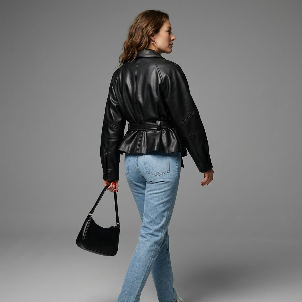 HH Women Fashion Black Short Faux Leather Trench Coat Long Sleeve Lapel Jacket With Belt Vintage Lady Motorcycle Jacket Outwear