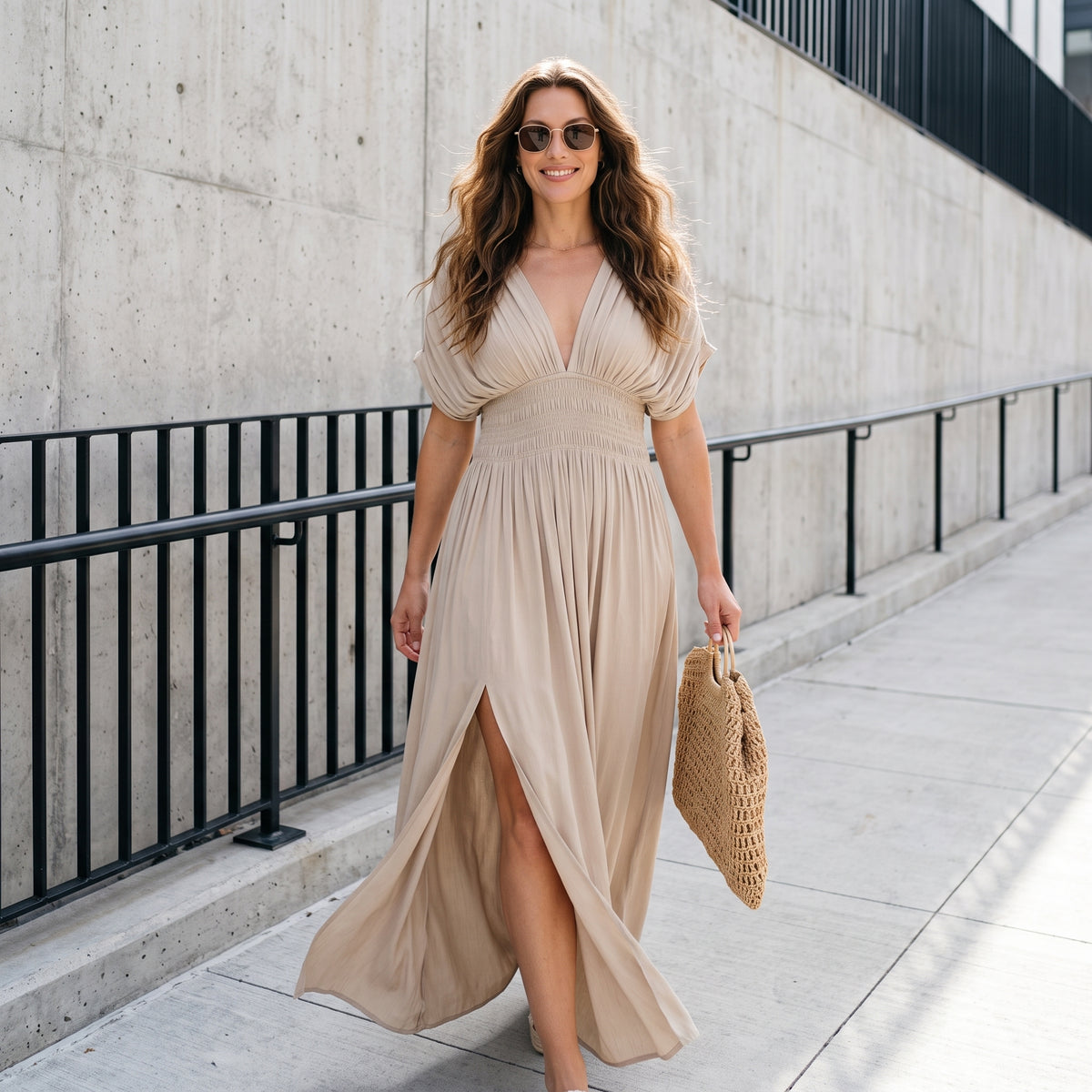 Fashion Bat-sleeved V-neck Slit Dress Summer Short Sleeve Elastic Waist Long Dresses Womens Clothing