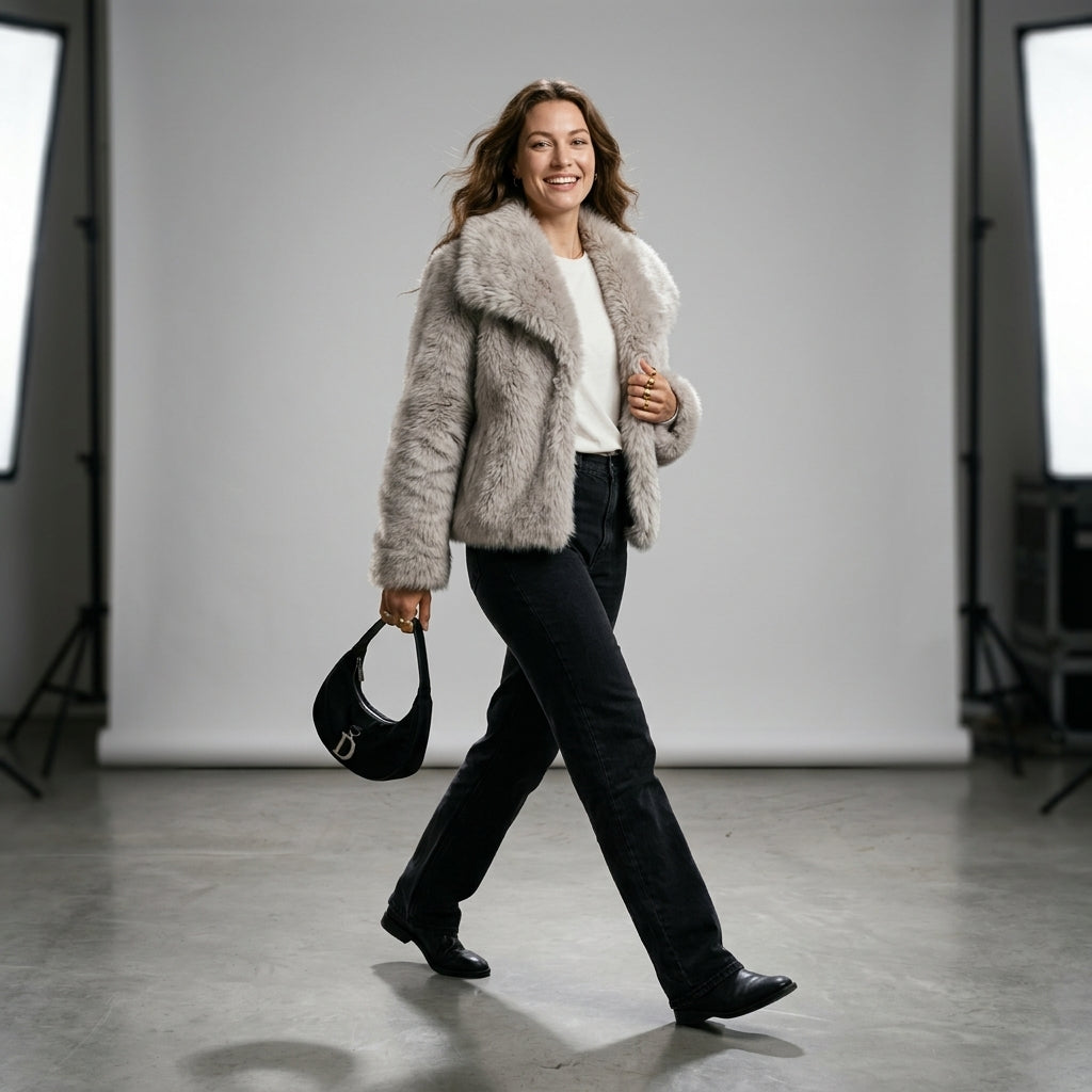 HH Women Fashion Cropped Faux Fur Jacket Coat Long Sleeve Front Snap-button Female Outerwear Chic Lapel Collar Thick Coat