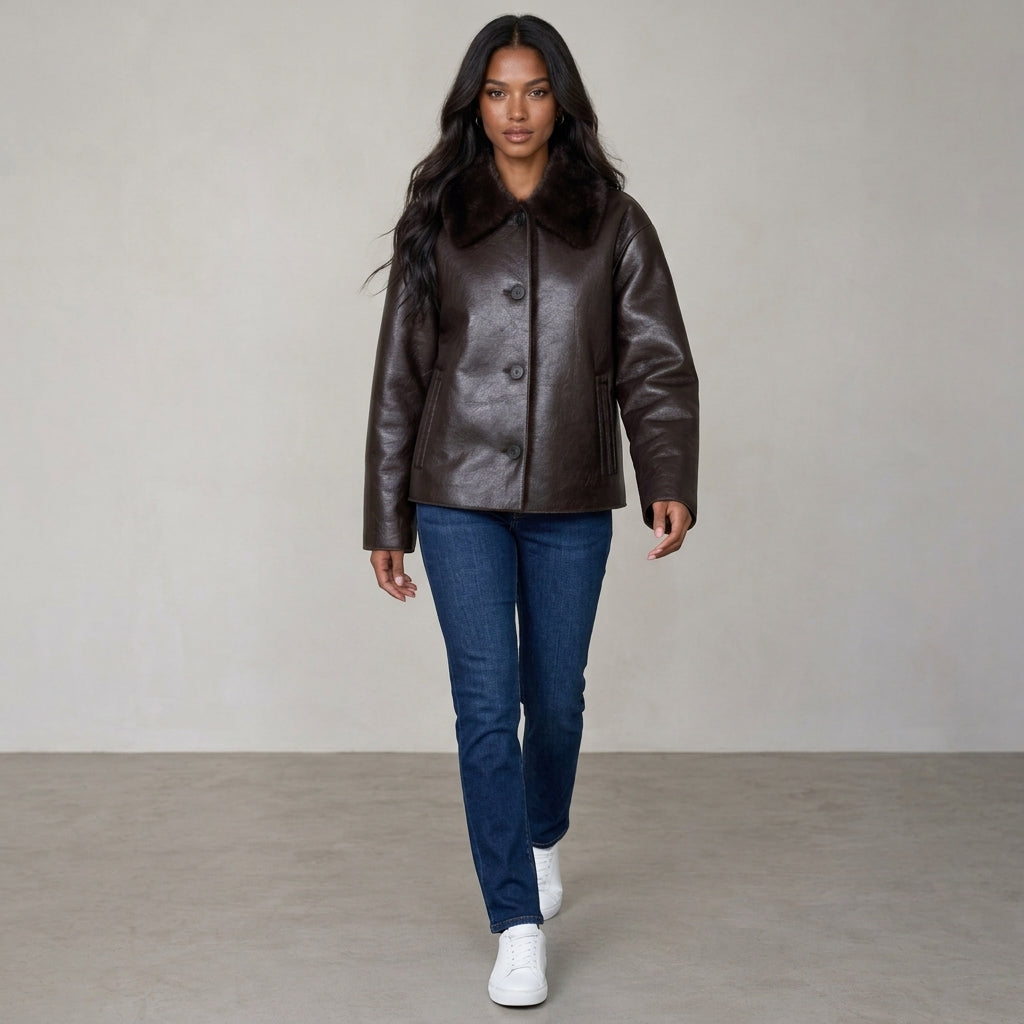 Women's Jacket 2025 Autumn/Winter New Arrivals Dark Brown Long-Sleeve Faux Leather Reversible Jacket Stylish and Unique