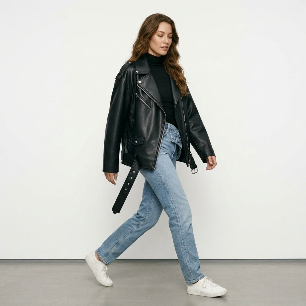 Ailegogo Women Loose Motorcycle Biker Black Pu Faux Leather Jacket with Belt Spring Autumn Female Zipper Coat Outwear