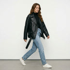 Ailegogo Women Loose Motorcycle Biker Black Pu Faux Leather Jacket with Belt Spring Autumn Female Zipper Coat Outwear