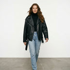 Ailegogo Women Loose Motorcycle Biker Black Pu Faux Leather Jacket with Belt Spring Autumn Female Zipper Coat Outwear