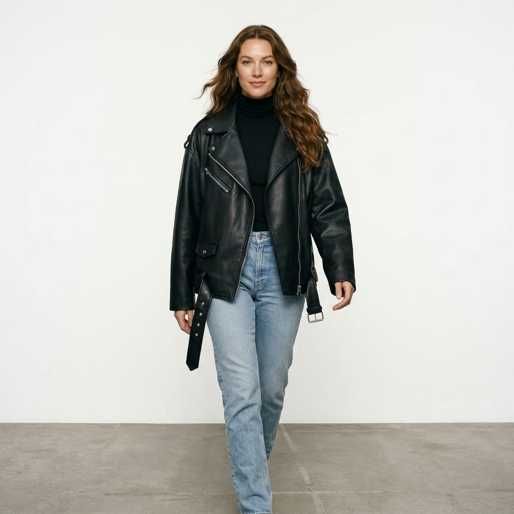 Ailegogo Women Loose Motorcycle Biker Black Pu Faux Leather Jacket with Belt Spring Autumn Female Zipper Coat Outwear