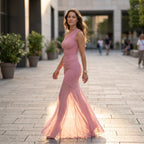 FL Off Shoulder See Through Dress Solid High Waist Patchwork Backless Slim Long Dress Women Vacation Party Evening Dresses New