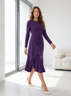 Solid Color Evening Dress, Round Neck, Long Sleeves, Fishtail Skirt, Slim Fit, Elegant Mid-Length Dress
