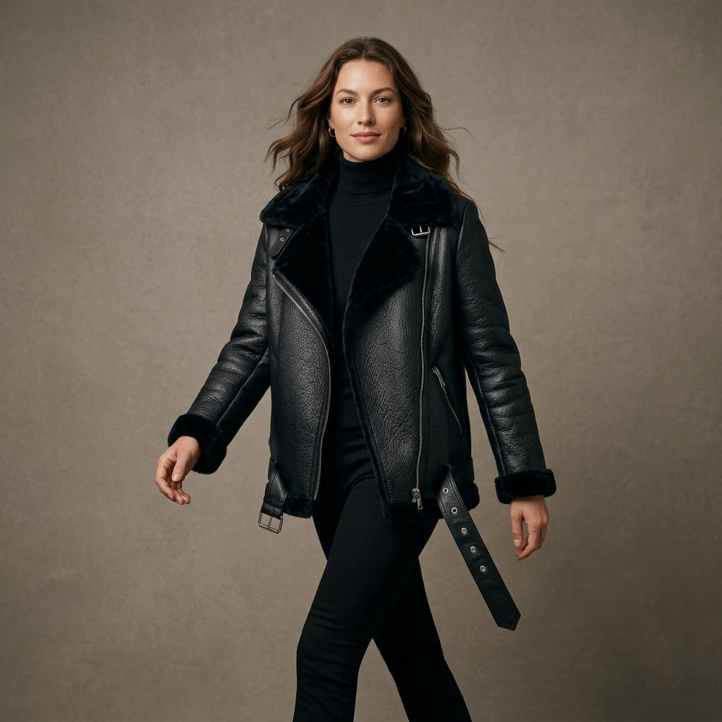 Ailegogo Winter Coats Women Thickness Faux Leather Fur Sheepskin Female Fur Leather Jacket Aviator Outwear Casaco Feminino