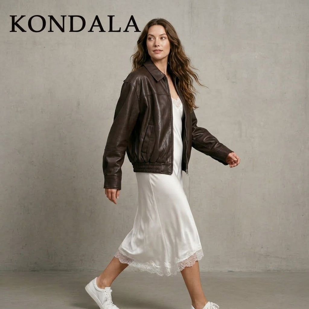 KONDALA 2026 Spring Summer Brown Business Casual Faux Leather Women Jackets Chic Valentine‘s Day Spliced Zipper Ladies Jackets