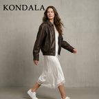 KONDALA 2026 Spring Summer Brown Business Casual Faux Leather Women Jackets Chic Valentine‘s Day Spliced Zipper Ladies Jackets