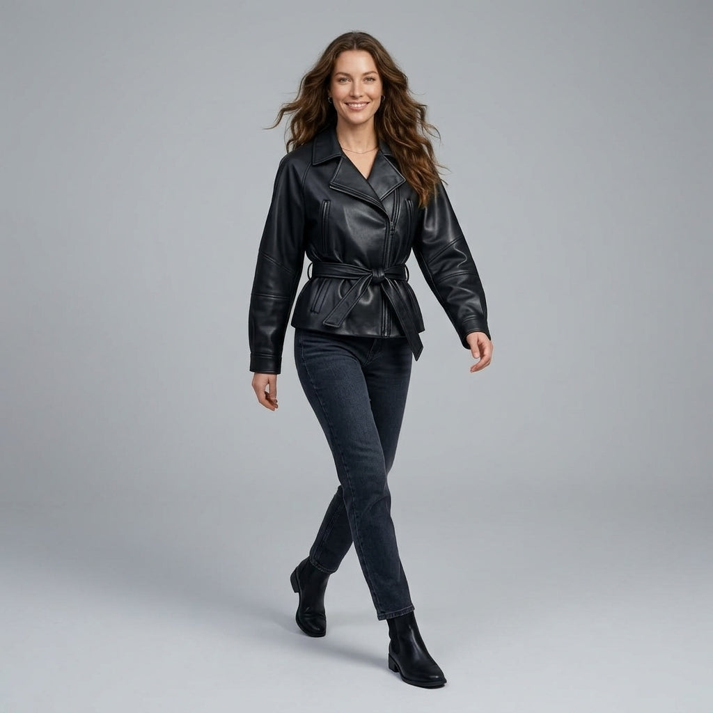 HH Women Fashion Black Short Faux Leather Trench Coat Long Sleeve Lapel Jacket With Belt Vintage Lady Motorcycle Jacket Outwear