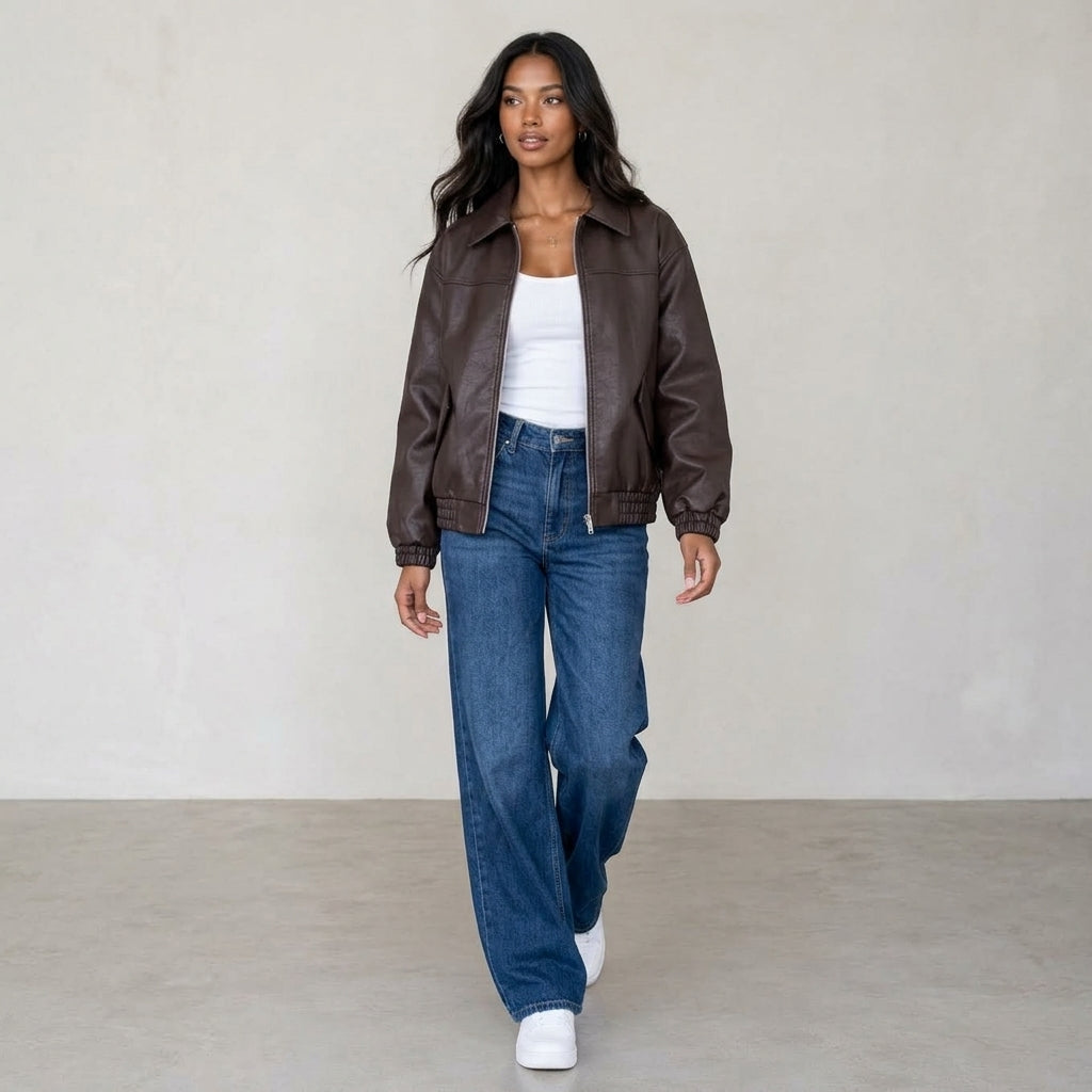 Ailegogo Streetwear Women Retro Loose Short Pu Faux Leather Jacket Spring Autumn Female Zipper Coat Vintage Moto Biker Outwear