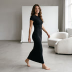 2026 Spring Summer European American Women's Solid Color Slim Fit Waist Hugging Elegant Short Sleeve Fashion Dress