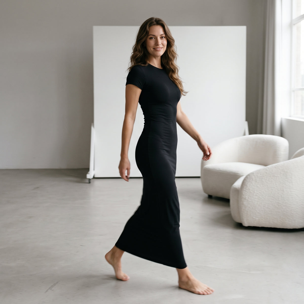 2026 Spring Summer European American Women's Solid Color Slim Fit Waist Hugging Elegant Short Sleeve Fashion Dress