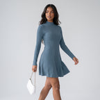 Women's Slim Fit Half High Collar Waist Cinched A-Line Skirt Long Sleeved Pit Stripe Dress