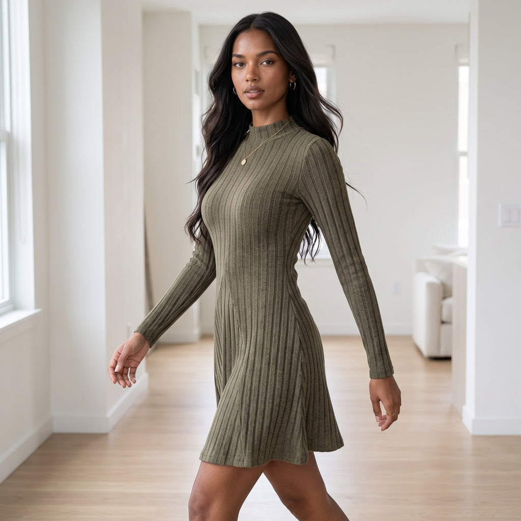 Women's Slim Fit Half High Collar Waist Cinched A-Line Skirt Long Sleeved Pit Stripe Dress