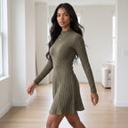 Women's Slim Fit Half High Collar Waist Cinched A-Line Skirt Long Sleeved Pit Stripe Dress