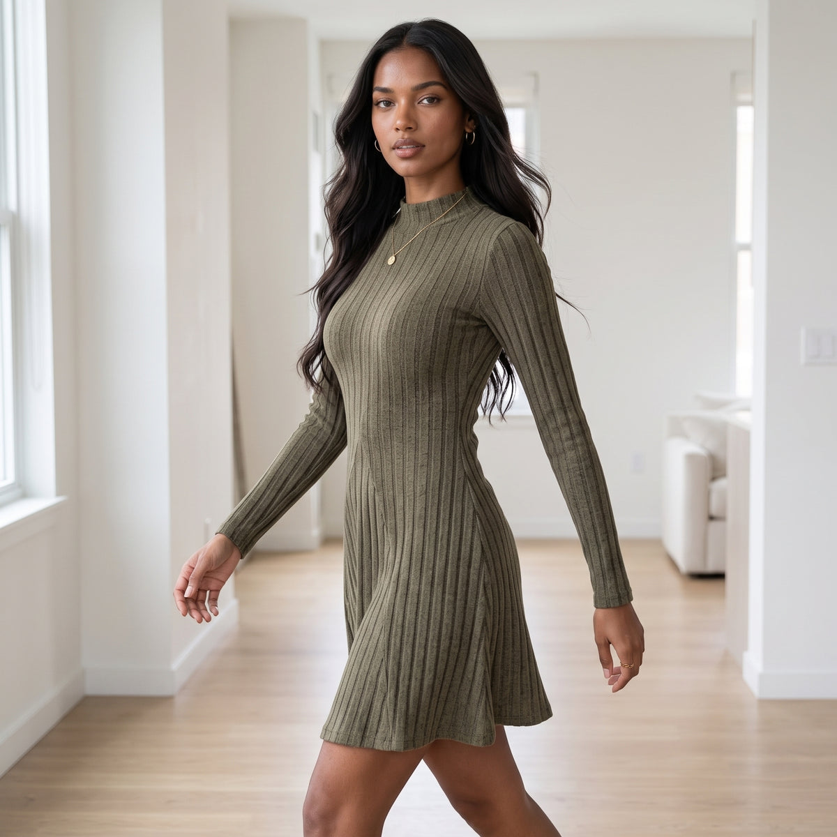 Women's Slim Fit Half High Collar Waist Cinched A-Line Skirt Long Sleeved Pit Stripe Dress