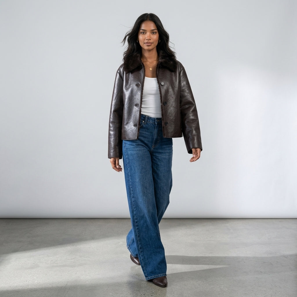 Women's Jacket 2025 Autumn/Winter New Arrivals Dark Brown Long-Sleeve Faux Leather Reversible Jacket Stylish and Unique
