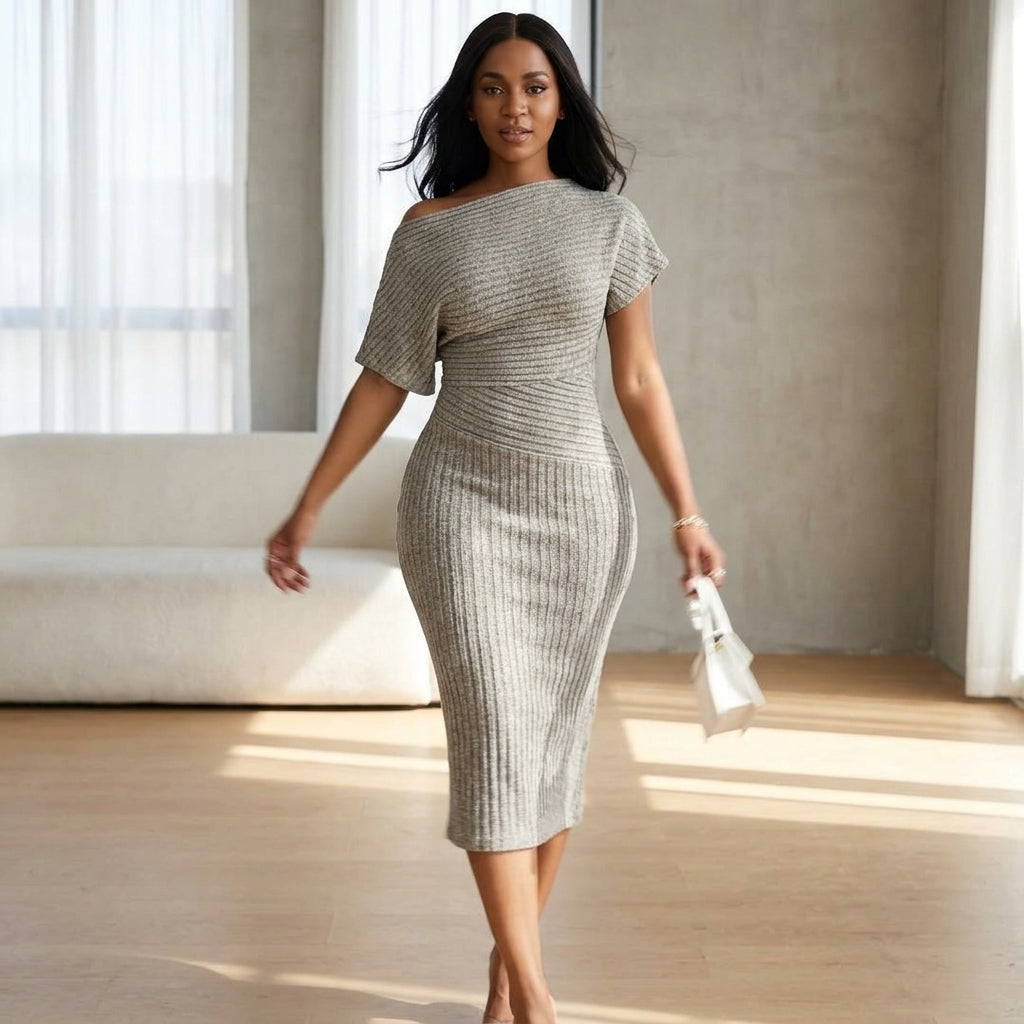 Women's Fashion Solid Color Asymmetric Shoulder Textured Fabric Dress