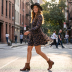 Elegant Women's Spring Autumn Floral Print A Line Dress Casual Vintage Office Lady Sexy Turtleneck Long Sleeve Slim Dresses
