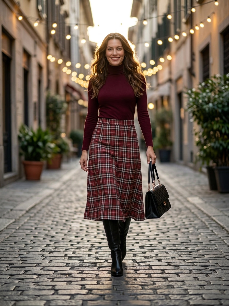 Women's Retro Plaid 2-Piece Set – Ribbed Knit Top & Midi Skirt