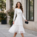 Women Elegant Long Sleeve Midi Dress, Crew Neck High Waist Tiered Lace Ruffle A‑Line Cocktail Party Dress Formal Wedding Guest Evening Dresses