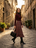 Women's Retro Plaid 2-Piece Set – Ribbed Knit Top & Midi Skirt