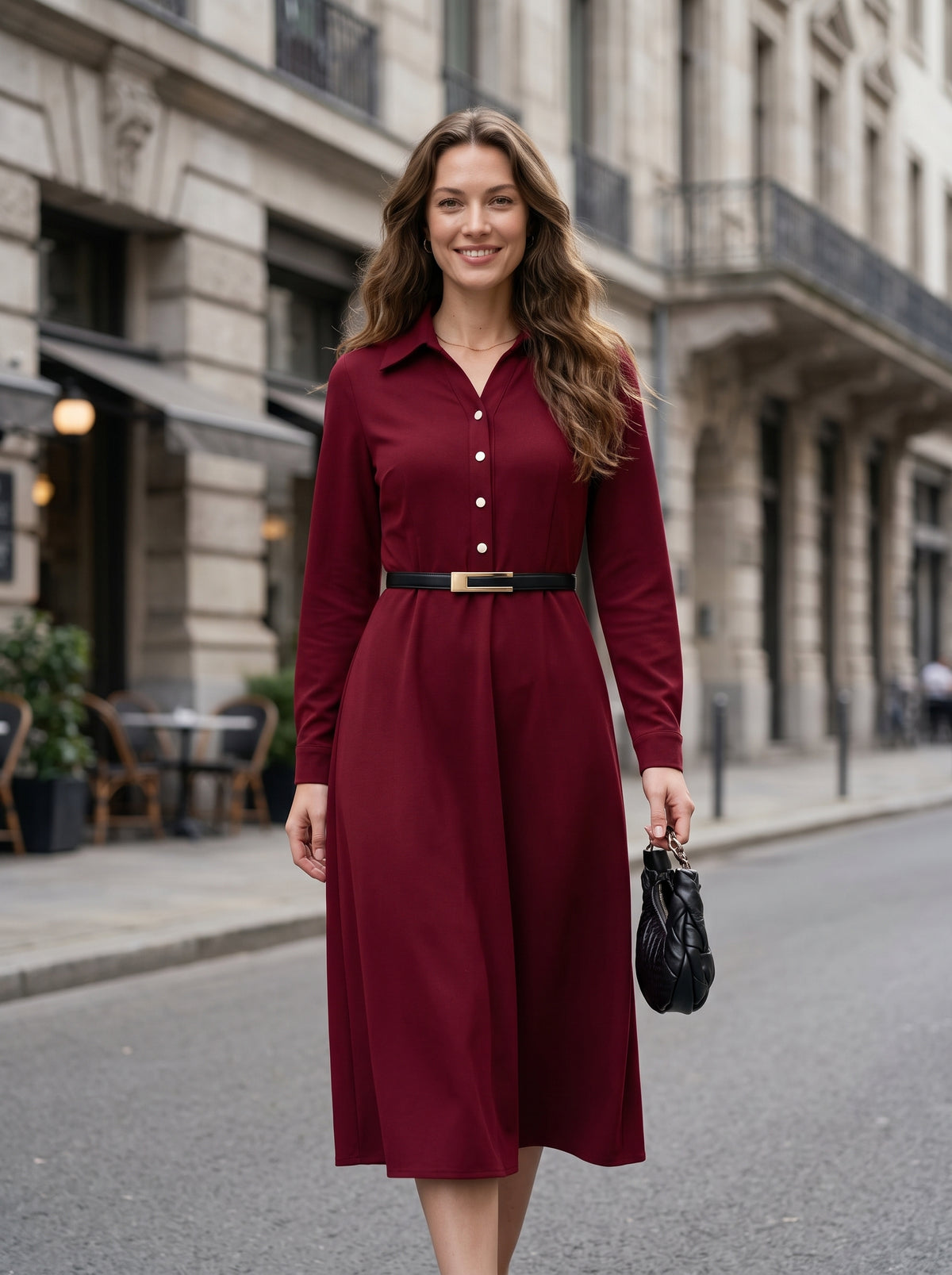 Women Elegant Midi Dress Long Sleeve Office Lady Shirt Dress Turn Down Collar Button A Line Party Work Dress Without Belt Casual