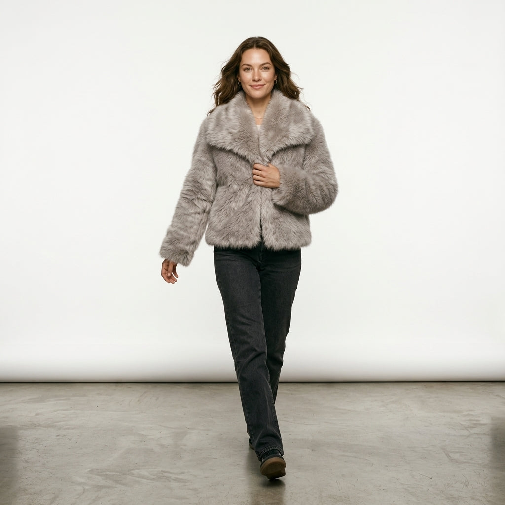 HH Women Fashion Cropped Faux Fur Jacket Coat Long Sleeve Front Snap-button Female Outerwear Chic Lapel Collar Thick Coat