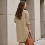 ZANZEA Elegant Women Party Dress 2026 Summer Fashion 3/4 Sleeve Casual Shirt Vestidos Pockets Loose Solid Knee-length Sundress