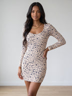 Women's Autumn Casual Elegant Round Neck Floral Print Dress with Pocket Long Sleeve Waist Cinching Mini Skirt Length