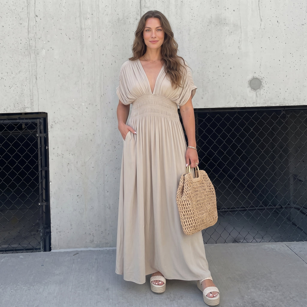 Fashion Bat-sleeved V-neck Slit Dress Summer Short Sleeve Elastic Waist Long Dresses Womens Clothing