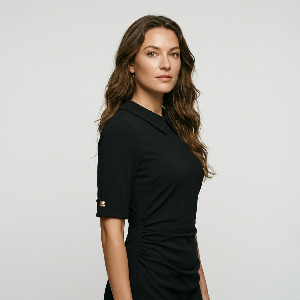Womens Vintage Elegant Crew Neck Short Sleeve Work Office Tunic Black Business Casual Party Ruched Pencil Bodycon Dress