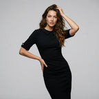 Womens Vintage Elegant Crew Neck Short Sleeve Work Office Tunic Black Business Casual Party Ruched Pencil Bodycon Dress