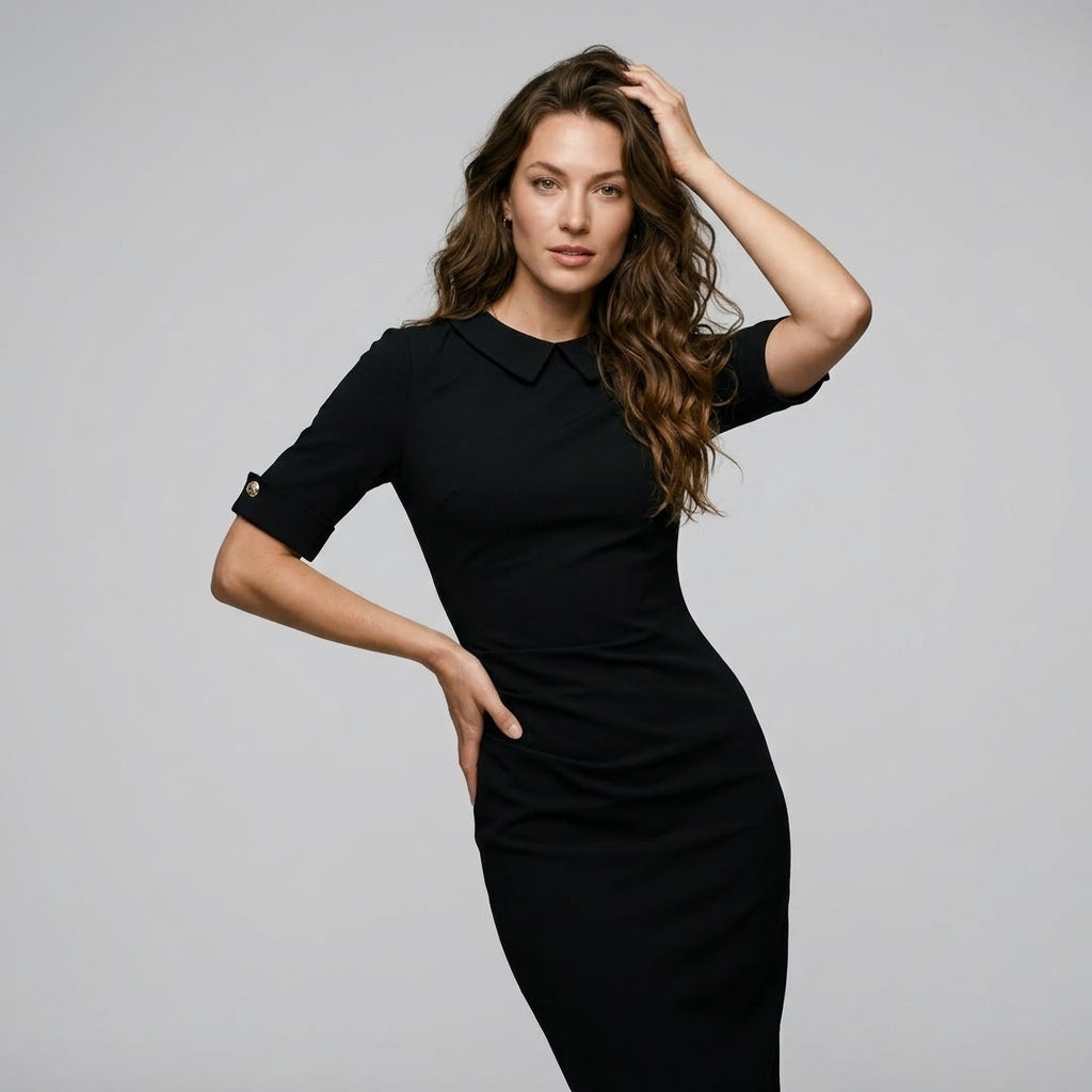 Womens Vintage Elegant Crew Neck Short Sleeve Work Office Tunic Black Business Casual Party Ruched Pencil Bodycon Dress