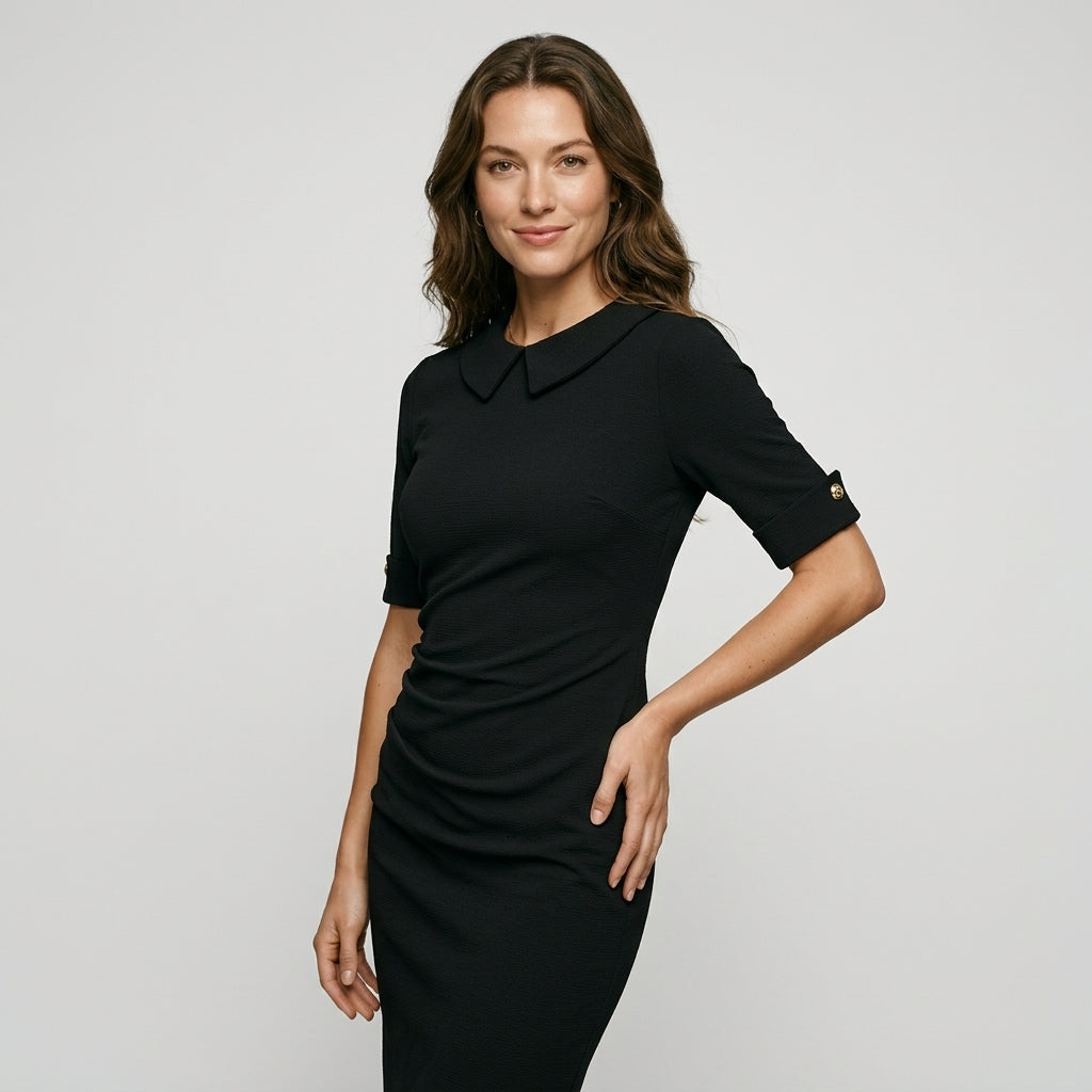 Womens Vintage Elegant Crew Neck Short Sleeve Work Office Tunic Black Business Casual Party Ruched Pencil Bodycon Dress