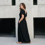 Fashion Bat-sleeved V-neck Slit Dress Summer Short Sleeve Elastic Waist Long Dresses Womens Clothing