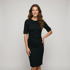 Womens Vintage Elegant Crew Neck Short Sleeve Work Office Tunic Black Business Casual Party Ruched Pencil Bodycon Dress
