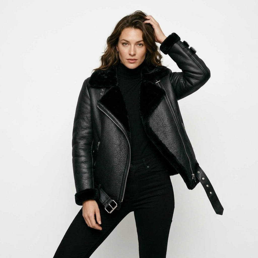 Ailegogo Winter Coats Women Thickness Faux Leather Fur Sheepskin Female Fur Leather Jacket Aviator Outwear Casaco Feminino