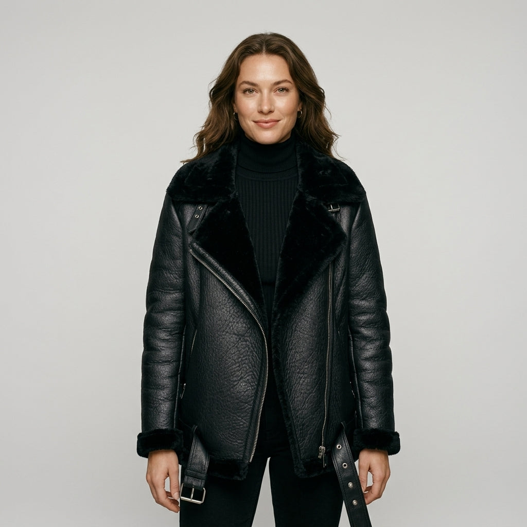 Ailegogo Winter Coats Women Thickness Faux Leather Fur Sheepskin Female Fur Leather Jacket Aviator Outwear Casaco Feminino
