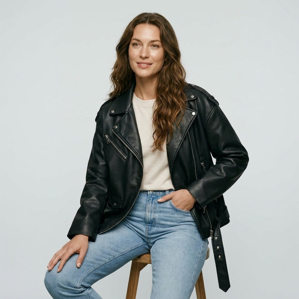 Ailegogo Women Loose Motorcycle Biker Black Pu Faux Leather Jacket with Belt Spring Autumn Female Zipper Coat Outwear