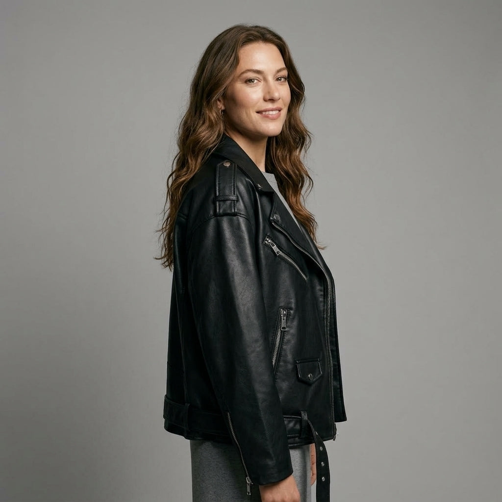 Ailegogo Women Loose Motorcycle Biker Black Pu Faux Leather Jacket with Belt Spring Autumn Female Zipper Coat Outwear