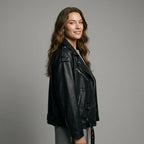 Ailegogo Women Loose Motorcycle Biker Black Pu Faux Leather Jacket with Belt Spring Autumn Female Zipper Coat Outwear