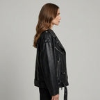 Ailegogo Women Loose Motorcycle Biker Black Pu Faux Leather Jacket with Belt Spring Autumn Female Zipper Coat Outwear