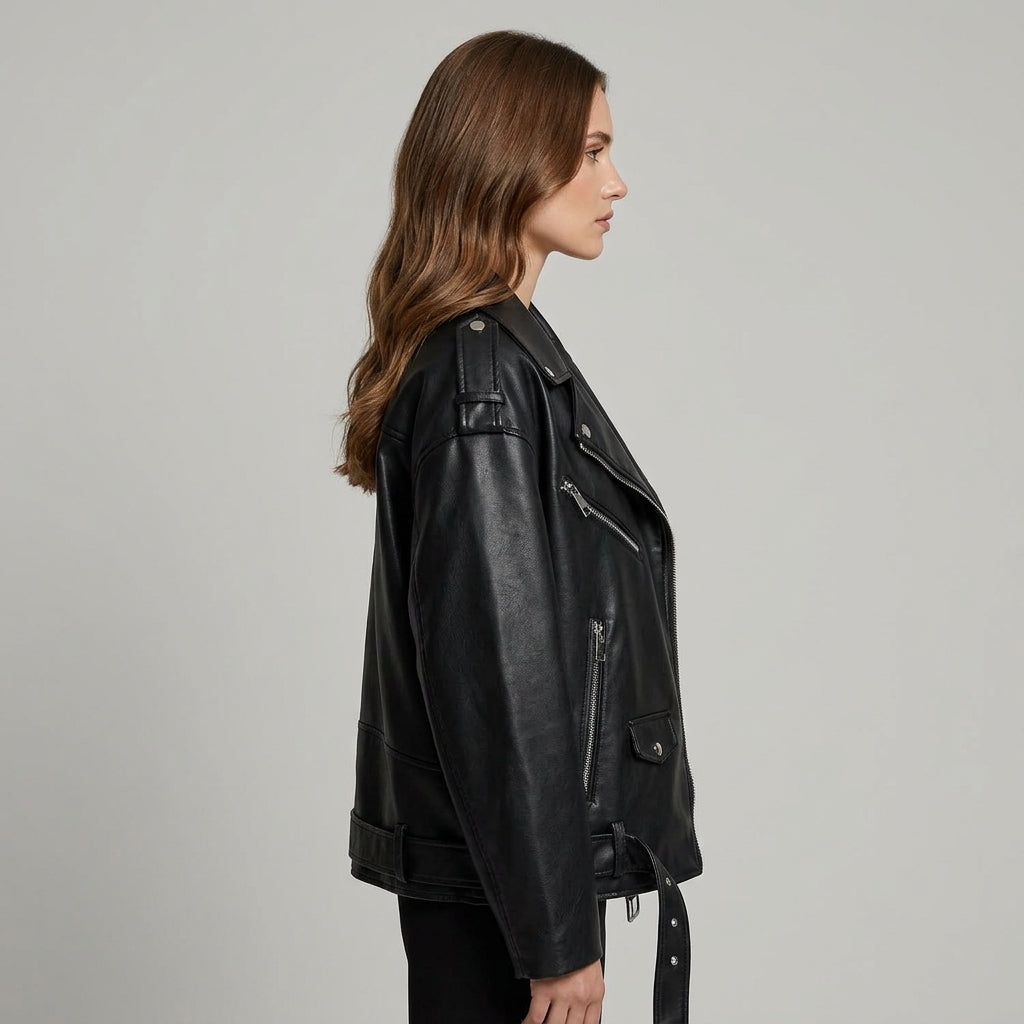 Ailegogo Women Loose Motorcycle Biker Black Pu Faux Leather Jacket with Belt Spring Autumn Female Zipper Coat Outwear