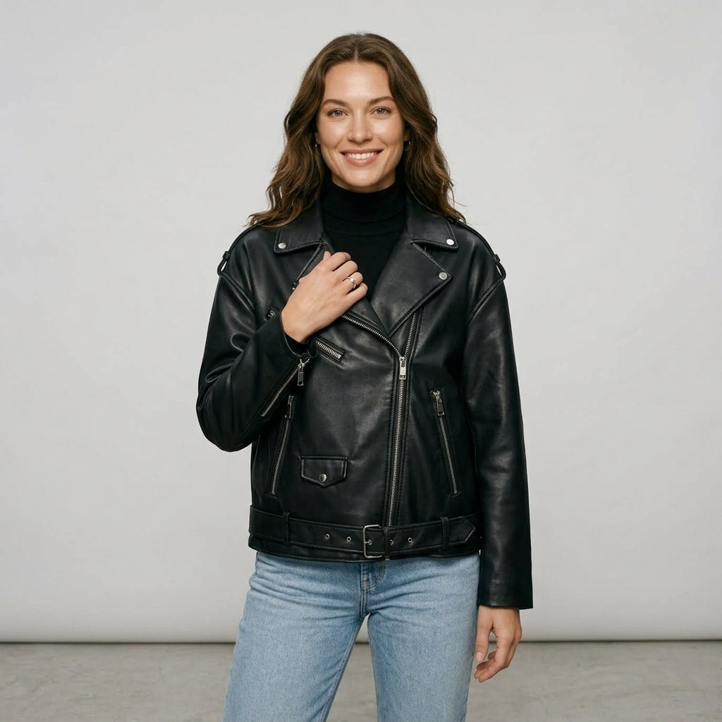 Ailegogo Women Loose Motorcycle Biker Black Pu Faux Leather Jacket with Belt Spring Autumn Female Zipper Coat Outwear