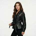 HH Women Fashion Black Short Faux Leather Trench Coat Long Sleeve Lapel Jacket With Belt Vintage Lady Motorcycle Jacket Outwear